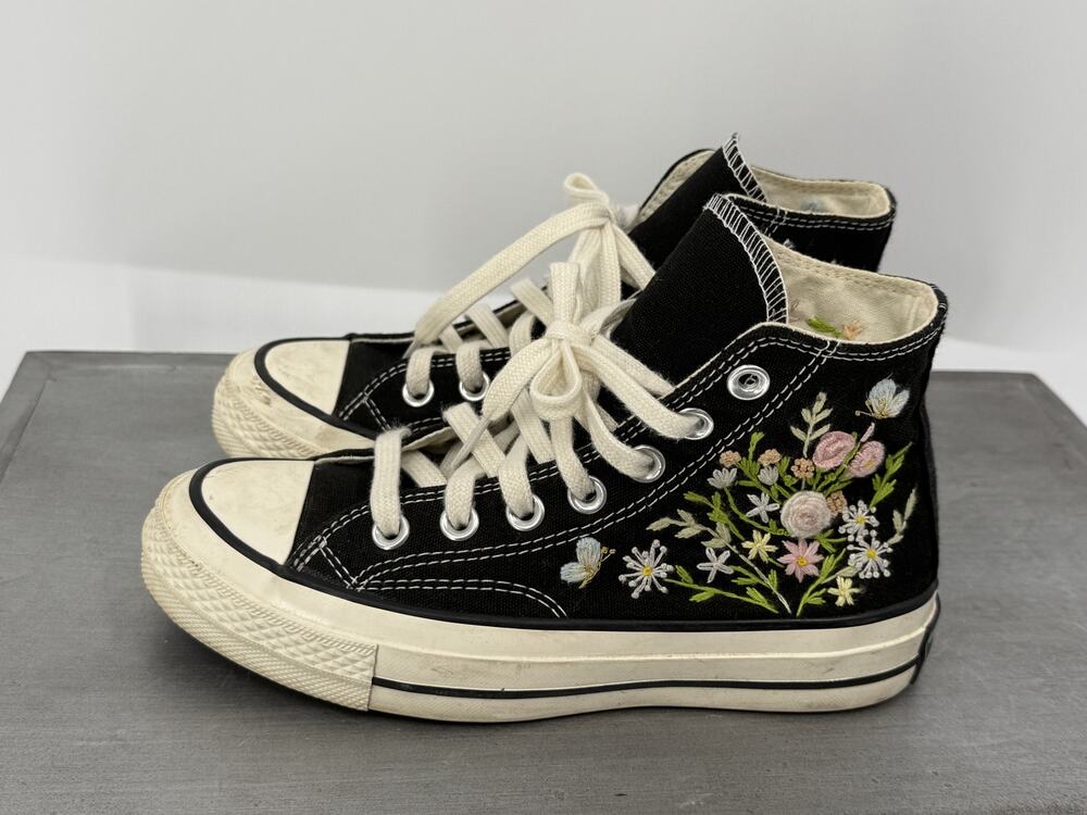 Converse All Star Chuck Taylor Floral Embroidered Black High Top Sneakers W5 M3